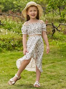 Bộ thời trang bé gái viền lá sen Viên lá sen Cao thấp Họa tiết hoa Boho - Màu be - Xem 6