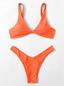 Swim Vcay Summer Beach Twist High Cut Solid Bikini Set, Vacation Bikini, Bathing Suit - Orange - View 1