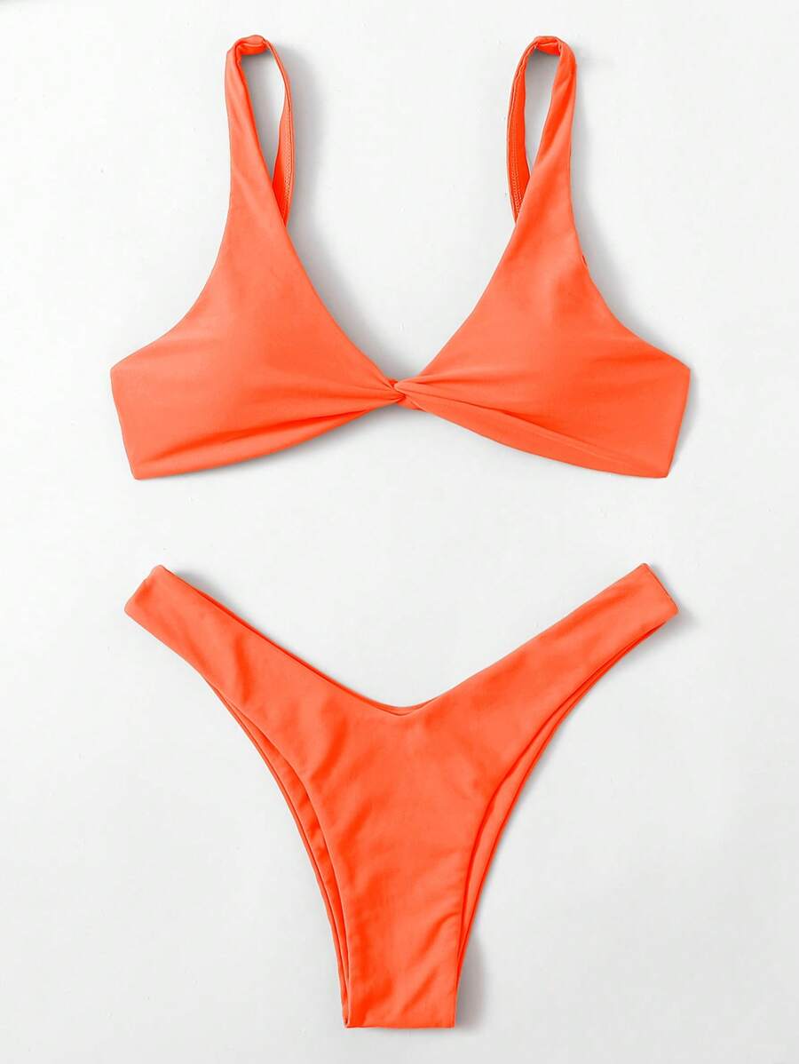 Swim Vcay Summer Beach Twist High Cut Solid Bikini Set, Vacation Bikini, Bathing Suit - Orange - View 1