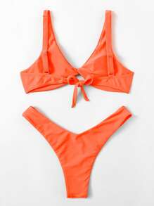 Swim Vcay Summer Beach Twist High Cut Solid Bikini Set, Vacation Bikini, Bathing Suit - Orange - View 2