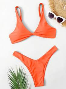 Swim Vcay Summer Beach Twist High Cut Solid Bikini Set, Vacation Bikini, Bathing Suit - Orange - View 5