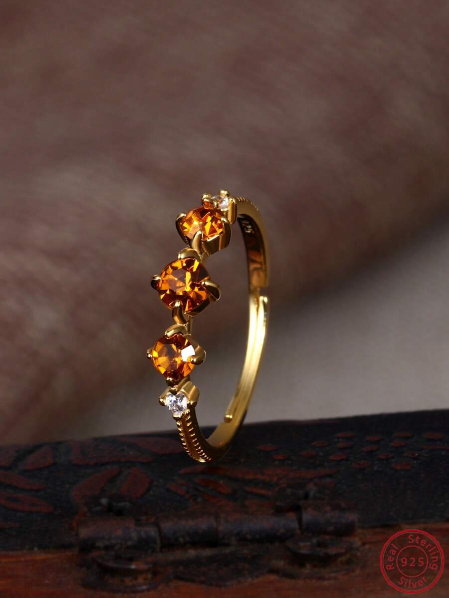 1入組魅力四射方晶鋯石裝飾銀婚戒適合女士日常裝飾 - 金色 - 查看 1