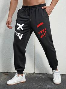 Manfinity EMRG 男士卡通圖案腰部抽繩衛褲 - 黑色 - 查看 1