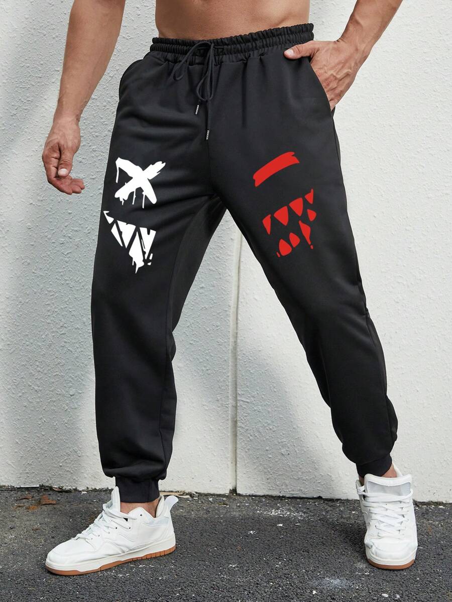 Manfinity EMRG 男士卡通圖案腰部抽繩衛褲 - 黑色 - 查看 1