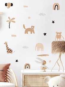 1pc Wild Animal Baby Room Wall Sticker Monkey Lion Elephant Forest Animal Wall Decals Peel and Stick Cartoon Watercolor Nursery Wall Decals Home Opaque Wall Art Decals - Apricot - View 3