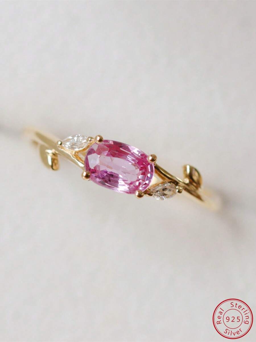 Nhẫn cưới bằng bạc trang trí hình bầu dục bằng đá rhinestone - Vàng - Xem 1