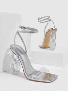 CUCCOO SZL 女鞋鑲嵌裝飾雕塑高跟銀色華麗TPU銀色編織涼鞋，適用於春夏假期鞋夏季促銷 - 銀色 - 查看 5