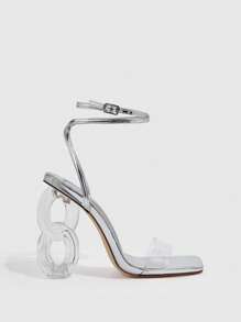 CUCCOO SZL 女鞋鑲嵌裝飾雕塑高跟銀色華麗TPU銀色編織涼鞋，適用於春夏假期鞋夏季促銷 - 銀色 - 查看 3