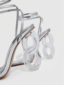 CUCCOO SZL 女鞋鑲嵌裝飾雕塑高跟銀色華麗TPU銀色編織涼鞋，適用於春夏假期鞋夏季促銷 - 銀色 - 查看 4