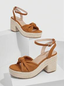 Styleloop 女性結飾踝帶度假織物坡跟涼鞋 - 棕色 - 查看 5