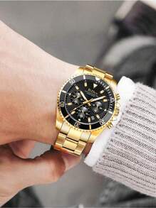 BIDEN Men's Watches, Men's Business Watches, Men's Sports Chronometers, Calendar Night Light Quartz Watches, Stainless Steel Strap Waterproof Clock Men's, Free Chain Link Remover+Box - Gold - View 4