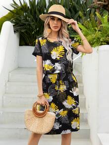 DEARCASE Tropical Print Belted Dress