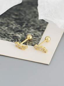 1pair Fashion Cubic Zirconia Decor Silver Stud Earrings For Women For Daily Decoration - Yellow Gold - View 4