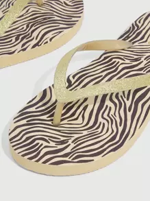 女士鞋斑马图案趾柱人字拖，时尚户外 PVC 人字拖，夏季度假鞋夏季促销秋季新年假期