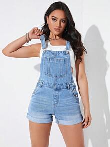 SHEIN EZwear 卷邊牛仔連體短褲不附帶背心 - 淺色水洗藍 - 查看 1