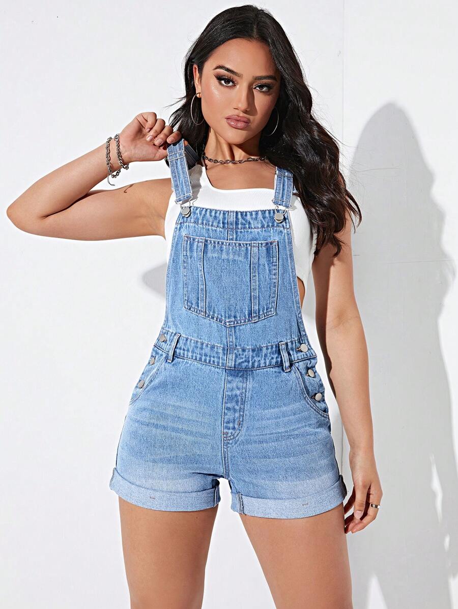 SHEIN EZwear 卷邊牛仔連體短褲不附帶背心 - 淺色水洗藍 - 查看 1