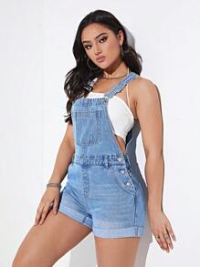 SHEIN EZwear 卷邊牛仔連體短褲不附帶背心 - 淺色水洗藍 - 查看 2