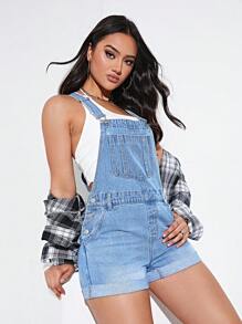 SHEIN EZwear 卷邊牛仔連體短褲不附帶背心 - 淺色水洗藍 - 查看 4