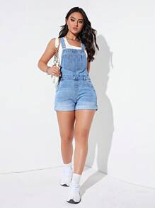 SHEIN EZwear 卷邊牛仔連體短褲不附帶背心 - 淺色水洗藍 - 查看 5