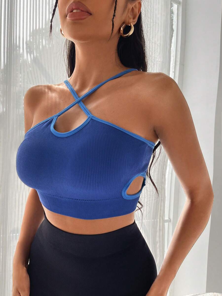 十字交叉鏤空短款運動型文胸 - 藍色 - 查看 1