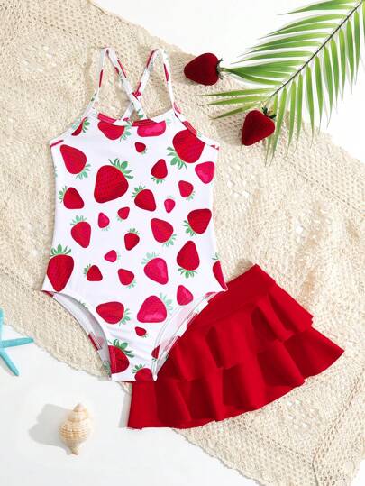 SHEIN Young Girl One-Piece Swimsuit Set With Skirt, Cute Strawberry Print, Adjustable Shoulder Strap, Beach Summer Summer Holiday