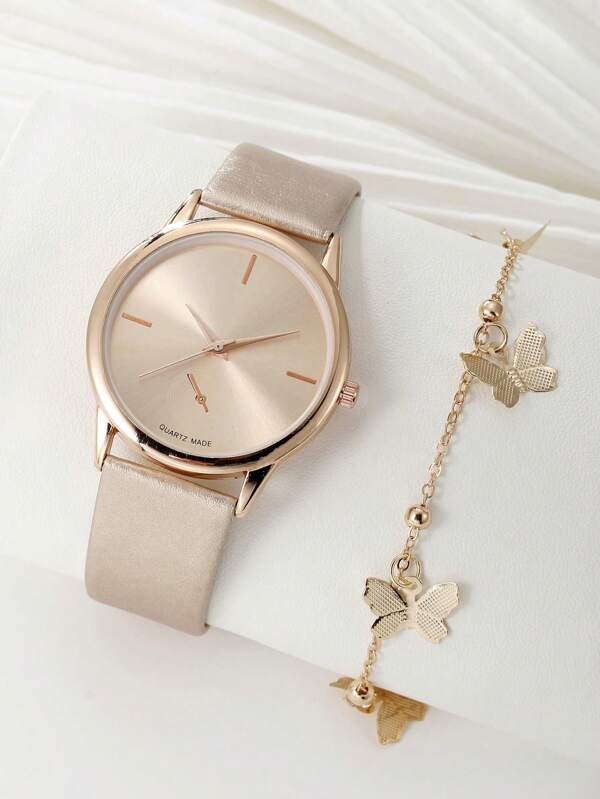 1 szt. Zegarek damski Różowe złoto PU pasek z poliuretanu efektowne litery graficzne z okrągłą tarczą zegarek kwarcowy i 1 szt. bransoletka z zawieszką z motywem motyla, do codziennej dekoracji jako prezent dla uczniów wracających do szkoły