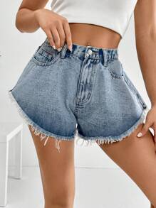 SHEIN EZwear 毛邊闊腿牛仔短褲 - 淺色水洗藍 - 查看 3