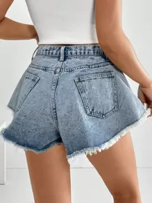 SHEIN EZwear 毛邊闊腿牛仔短褲 - 淺色水洗藍 - 查看 4