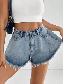 SHEIN EZwear 毛邊闊腿牛仔短褲 - 淺色水洗藍 - 查看 5