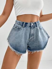 SHEIN EZwear 毛邊闊腿牛仔短褲 - 淺色水洗藍 - 查看 2