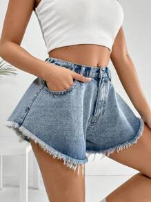 SHEIN EZwear 毛邊闊腿牛仔短褲 - 淺色水洗藍 - 查看 1