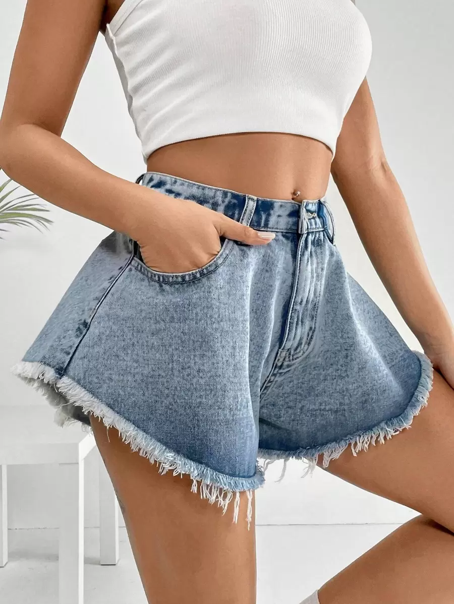 SHEIN EZwear 毛邊闊腿牛仔短褲 - 淺色水洗藍 - 查看 1