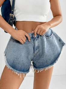 SHEIN EZwear 毛邊闊腿牛仔短褲 - 淺色水洗藍 - 查看 6