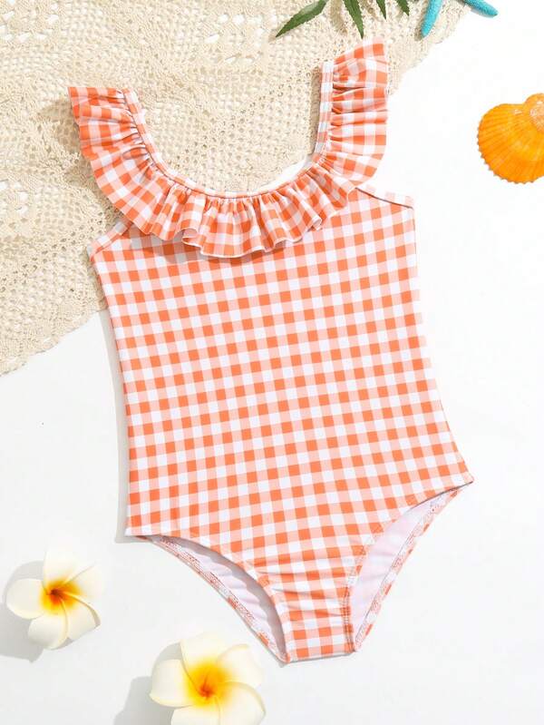Toddler Girls Gingham Ruffle Trim One Piece Swimsuit SHEIN USA