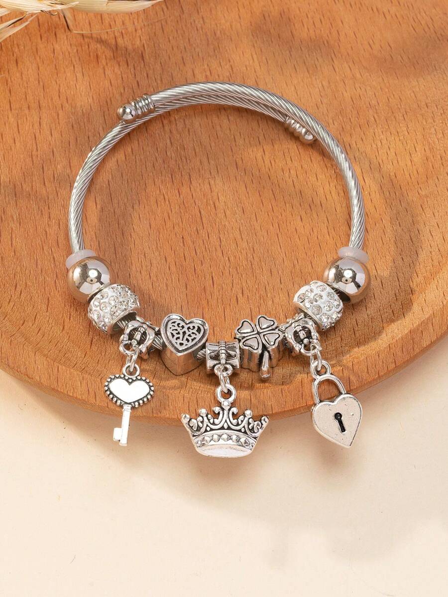 1pc Fashionable Stainless Steel Heart Lock & Key Charm Bangle For Women For Dating Gift - Silver - View 1