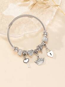 1pc Fashionable Stainless Steel Heart Lock & Key Charm Bangle For Women For Dating Gift - Silver - View 2