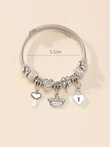 1pc Fashionable Stainless Steel Heart Lock & Key Charm Bangle For Women For Dating Gift - Silver - View 3
