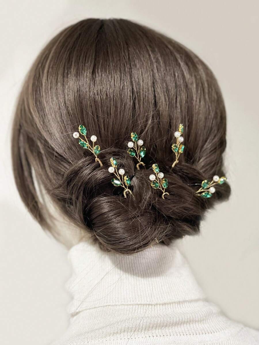 6 cái Trang trí Rhinestone Trang trí tóc cô dâu Pin - màu xanh lá - Xem 1