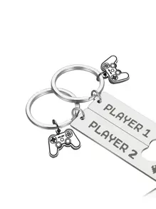 2 件女士男士游戏手柄吊饰雕刻口号字母不锈钢配套钥匙扣适合情侣/爱人/男朋友/女朋友/丈夫/妻子可爱创意时尚汽车钥匙扣生日礼物情人节礼物 - 淺灰色 - 查看 3