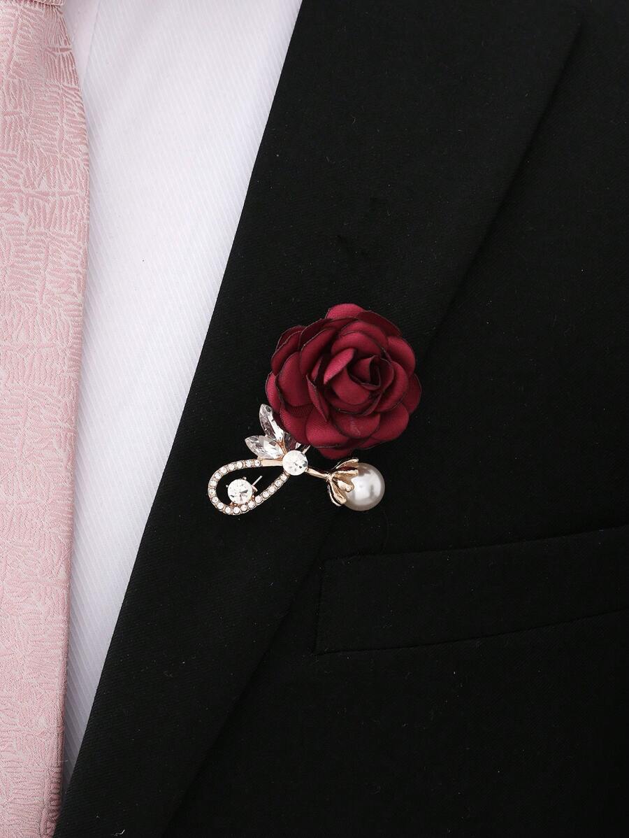 1入組中性白色山茶花花胸針帶水鑽裝飾用品適合婚禮,宴會,派對和伴娘 - 酒紅色 - 查看 1