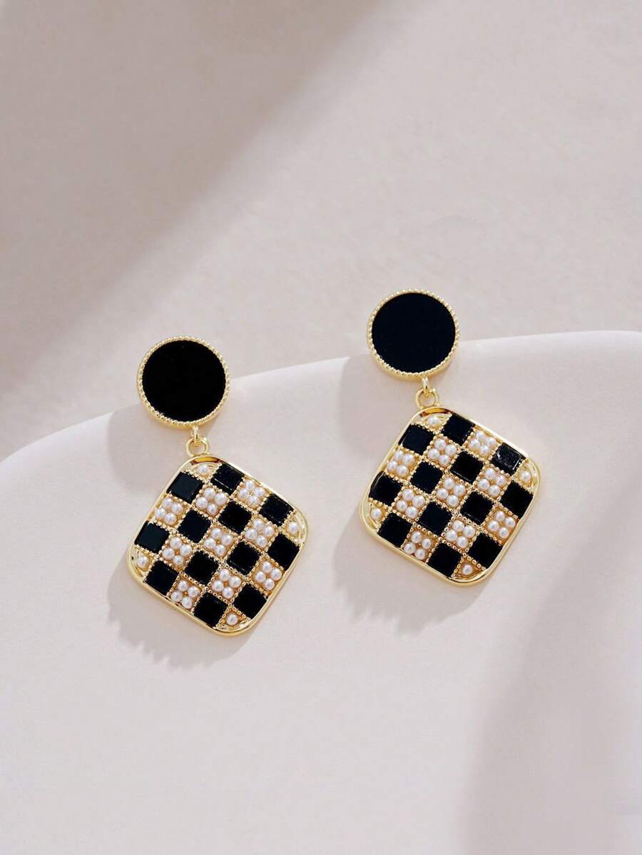 1對幾何花印花方形吊墜耳環,是女性約會夜晚、派對的完美禮物 - 彩色 - 查看 1