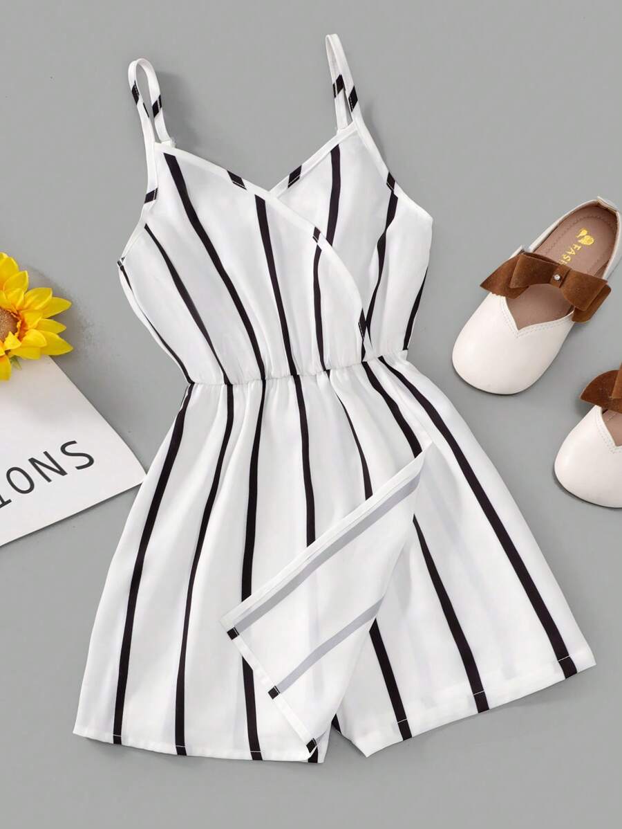 青少女條紋印花吊帶連體褲 - 白色 - 查看 1