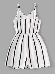 青少女條紋印花吊帶連體褲 - 白色 - 查看 2