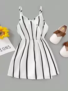 青少女條紋印花吊帶連體褲 - 白色 - 查看 3