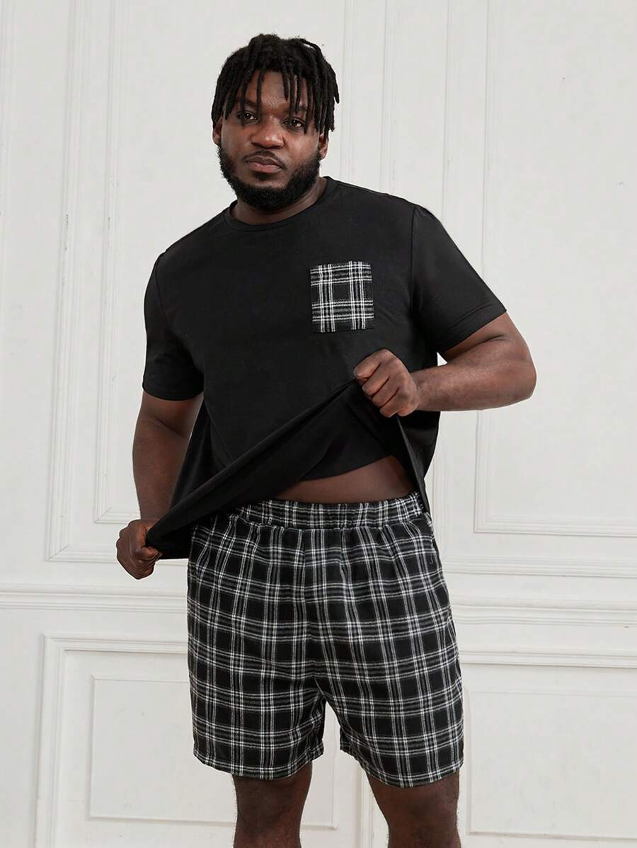 SHEIN Extended Sizes Men Plaid Print PJ Set - Black and White - View 1