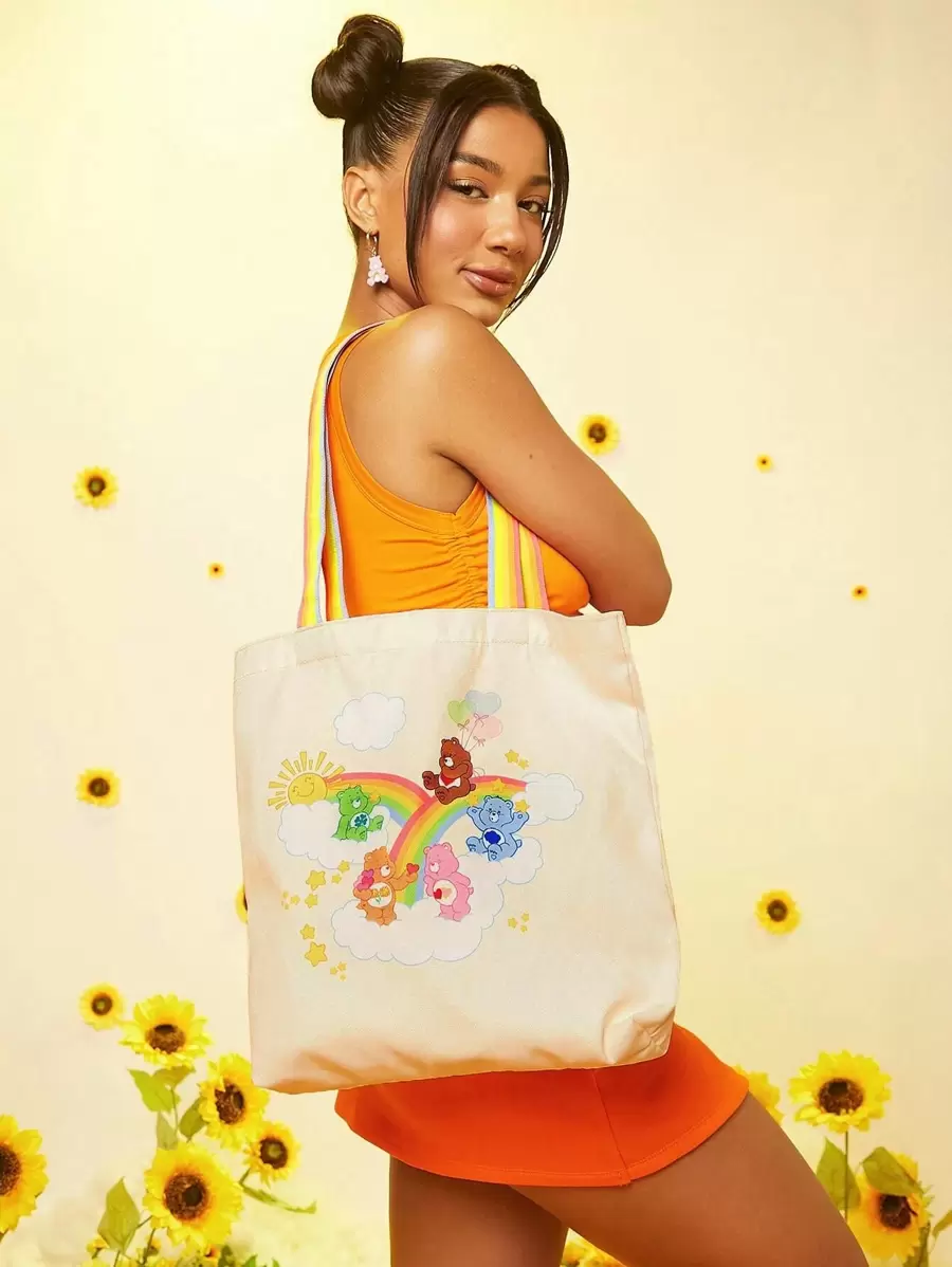 SHEIN X Care Bears Cartoon Love-A-Lot Bear, Funshine Bear, Grumpy Bear, Friend Bear Print Shopper Bag, School Bag,Back To School, Large Capacity, Portable, Lightweight, Suitable For Women & College Students, Perfect For Shopping - Multicolor - View 1