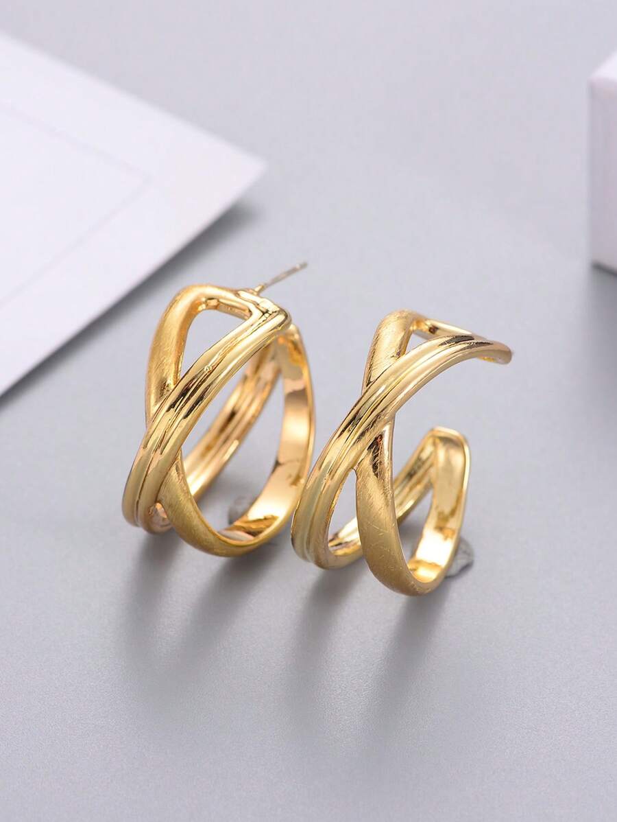 1 đôi bông tai dạng vòng có họa tiết thời trang dành cho nữ để trang trí hàng ngày - Vàng - Xem 1