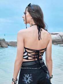 ROMWE Summer Crochet Beach Holiday Striped Pattern Halter Knit Top - Black and White - View 2