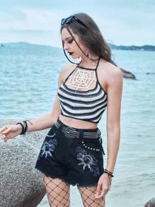 ROMWE Summer Crochet Beach Holiday Striped Pattern Halter Knit Top - Black and White - View 5