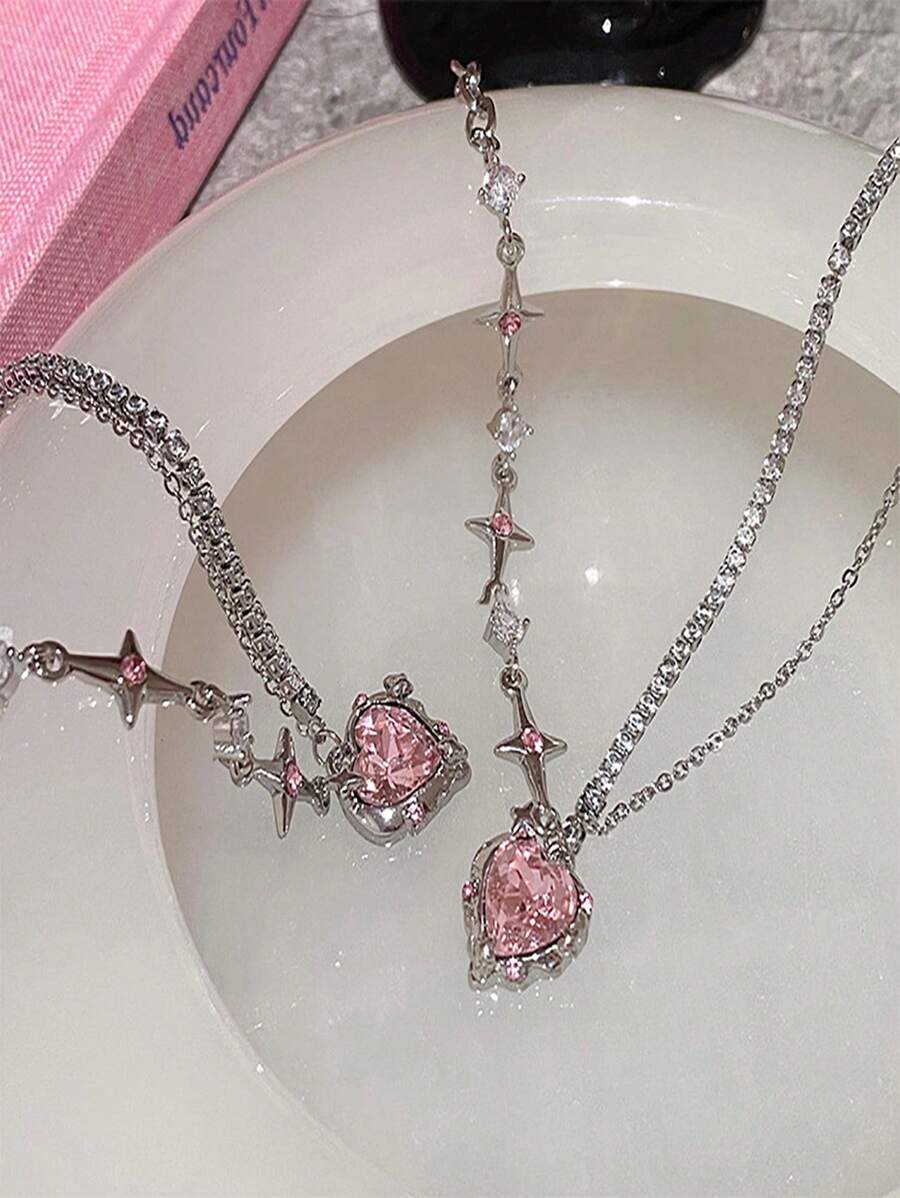 Heart & Star Charm Layered Necklace - Silver - View 1